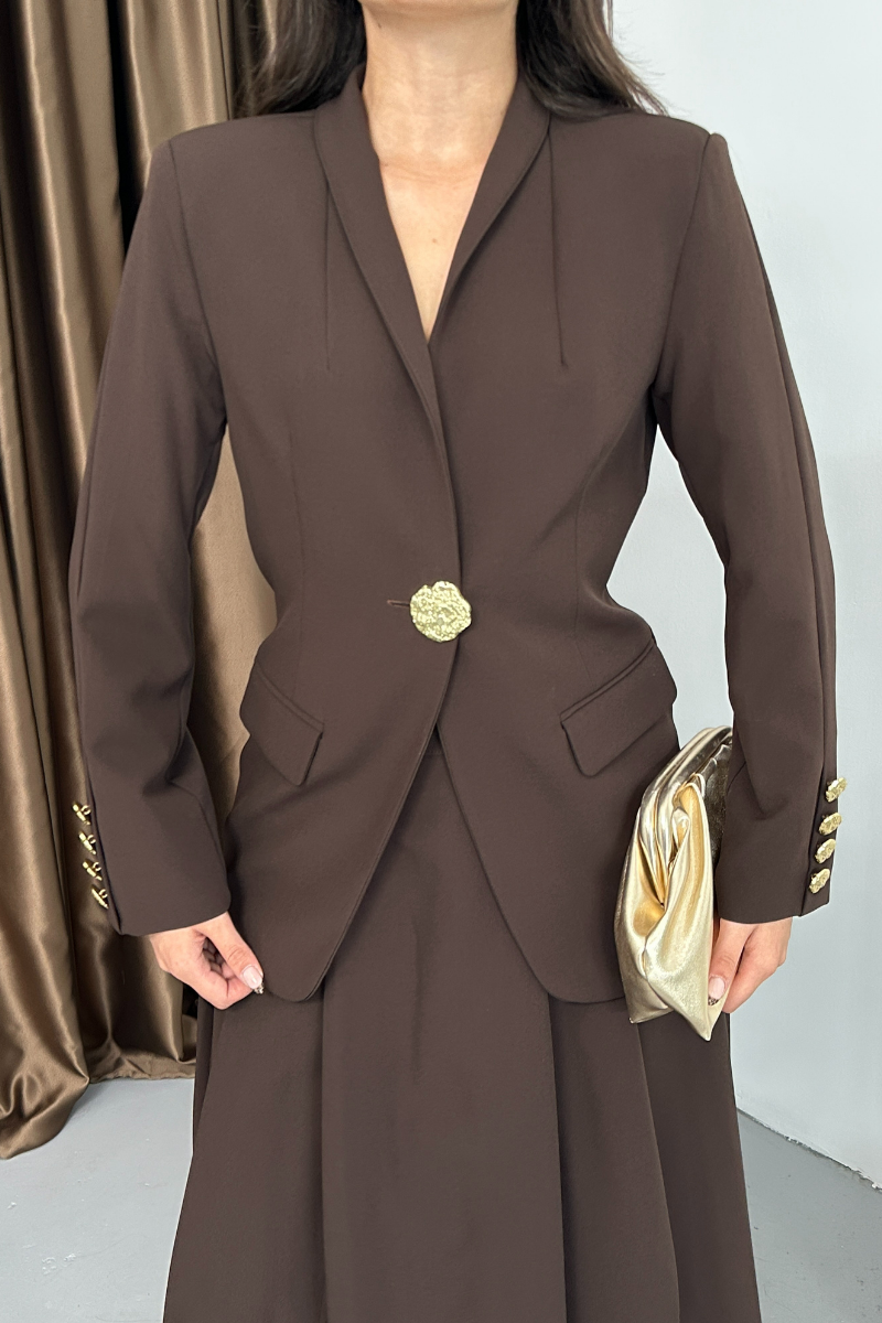 Kadın İkili Takım Şık Düğme Detaylı Dik Yaka Blazer Ceket Uzun Etek Takım