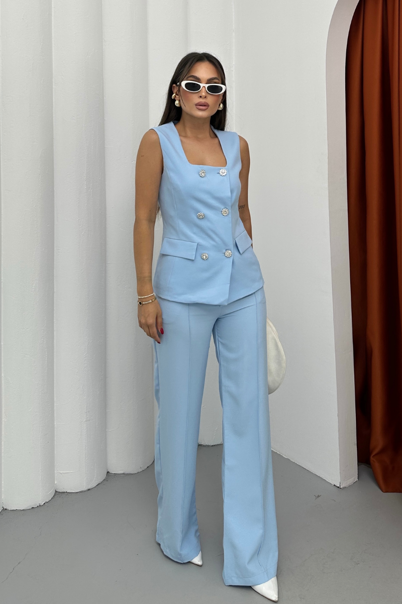 Kadın İkili Alt Üst Takım Şık Düğme Detaylı Kare Yaka Yelek Pantolon Takım