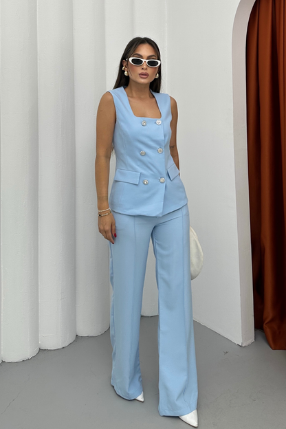 Kadın İkili Alt Üst Takım Şık Düğme Detaylı Kare Yaka Yelek Pantolon Takım