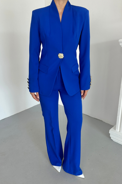 Kadın İkili Takım Şık Düğme Detaylı Dik Yaka Blazer Ceket Bol Paça Pantolon Takım