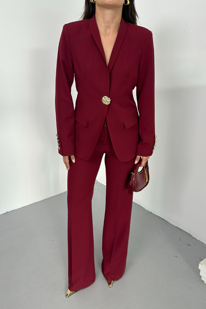 Kadın İkili Takım Şık Düğme Detaylı Dik Yaka Blazer Ceket Bol Paça Pantolon Takım