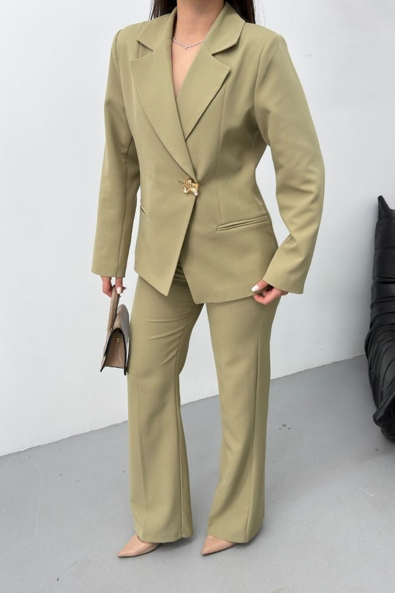 Kadın İkili Alt Üst Takım Şık Gold Düğmeli Fleto Cepli Blazer Ceket Bol Paça Pantolon Takım