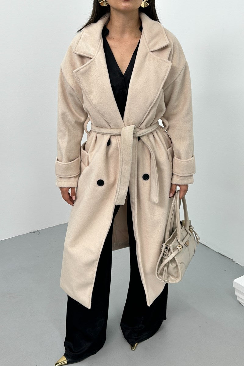 Kadın Kaşe Kaban Uzun Kuşaklı Düğmeli Cepli Premium Kaşe Kaban