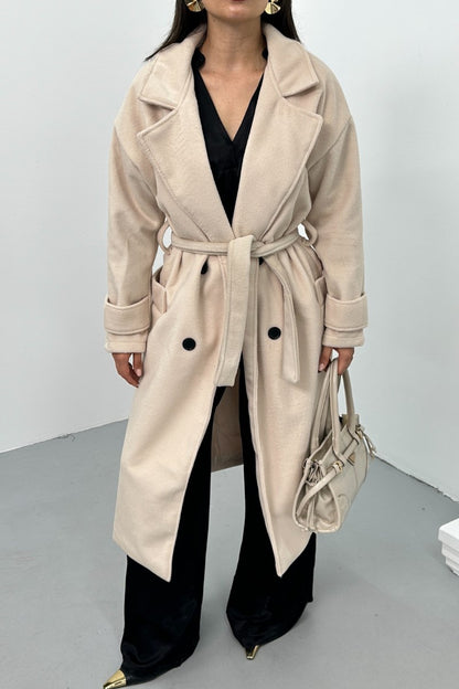 Kadın Kaşe Kaban Uzun Kuşaklı Düğmeli Cepli Premium Kaşe Kaban