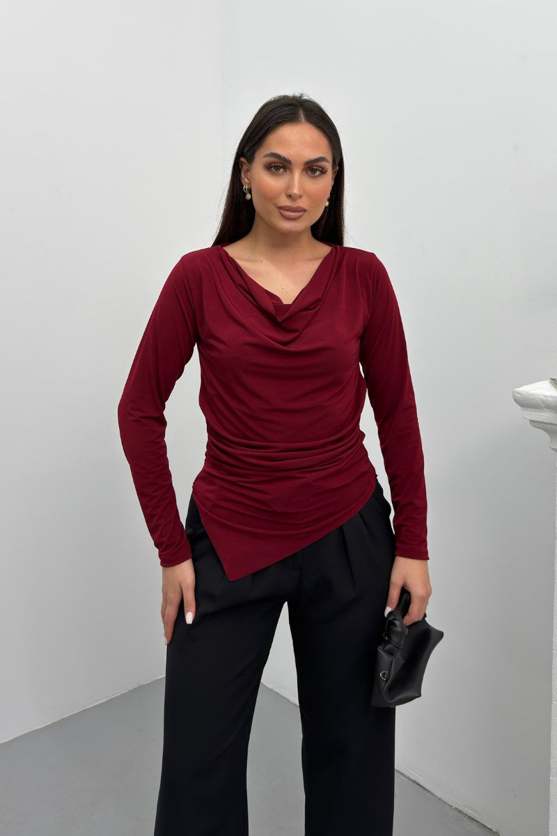 Kadın Bluz Drapeli Uzun Kollu Degaje Yaka Asimetrik Kesim Sandy Kumaş Likralı Şık Bluz