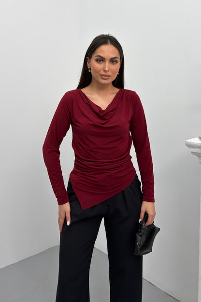 Kadın Bluz Drapeli Uzun Kollu Degaje Yaka Asimetrik Kesim Sandy Kumaş Likralı Şık Bluz