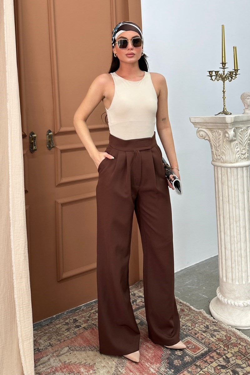 Kadın Palazzo Pantolon Beli Cırtlı Çift Cepli Bol Paça Pantolon