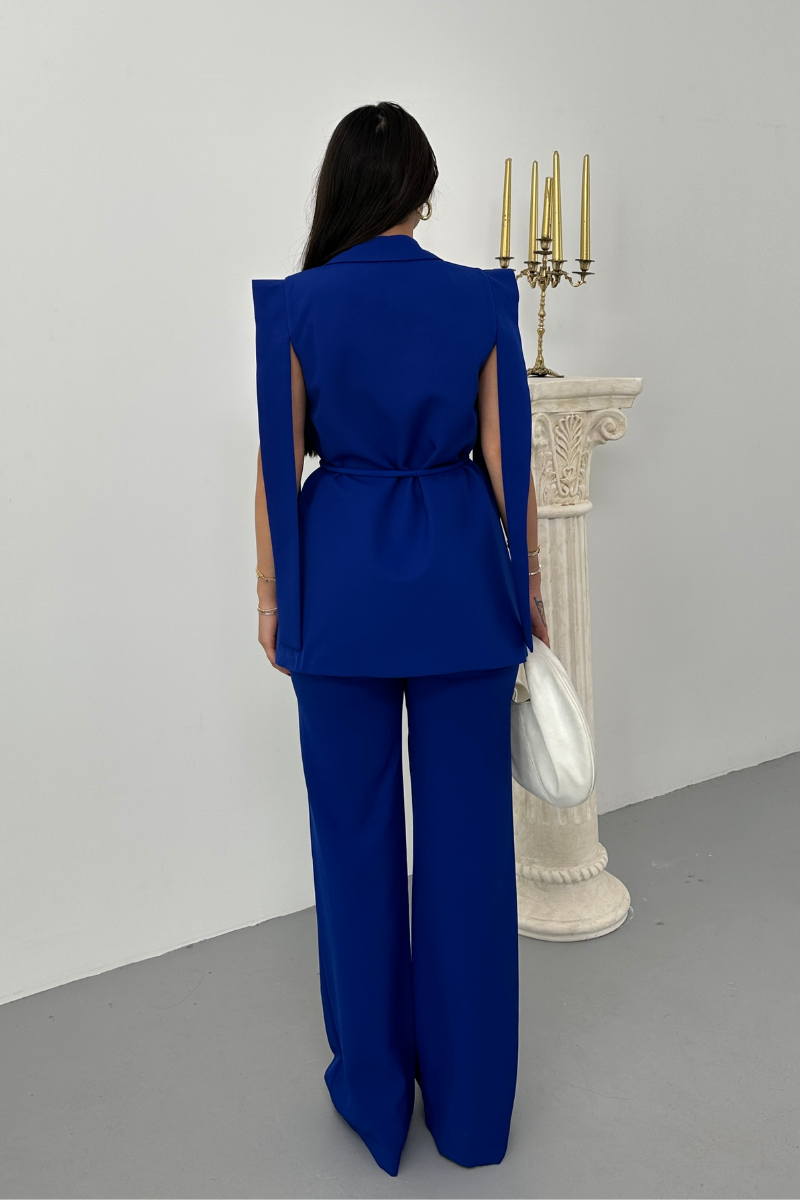 Kadın Alt Üst İkili Takım Omuz Detaylı Kuşaklı Yelek Pantolon Takım