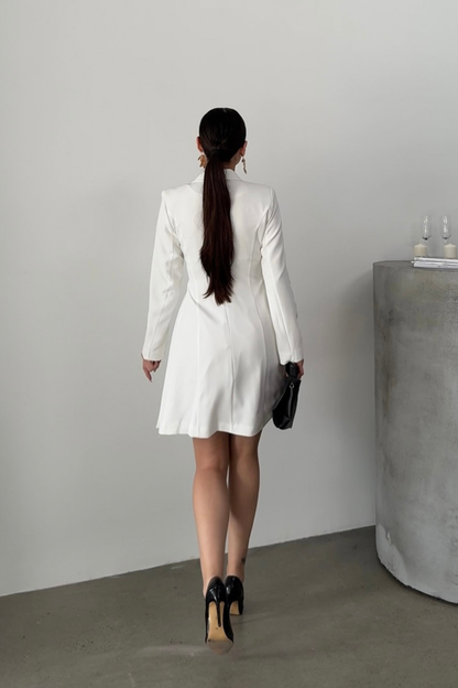 Kadın Elbise Mini Şık Uzun Kollu Kuşaklı Kruvaze Yaka Pileli Ceket Elbise