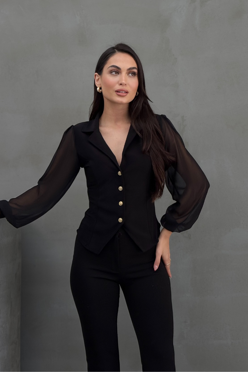 Kadın Gömlek Düğmeli Uzun Tül Kollu Ceket Yaka Bele Oturan Gömlek