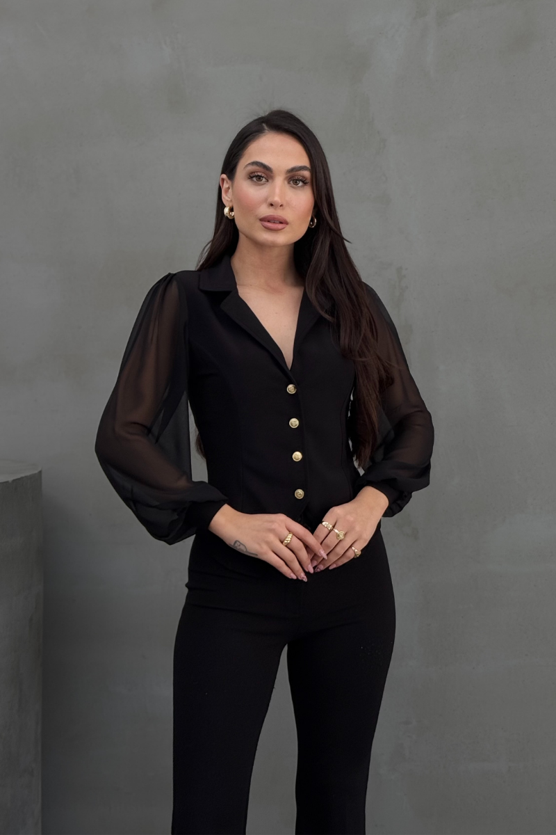 Kadın Gömlek Düğmeli Uzun Tül Kollu Ceket Yaka Bele Oturan Gömlek