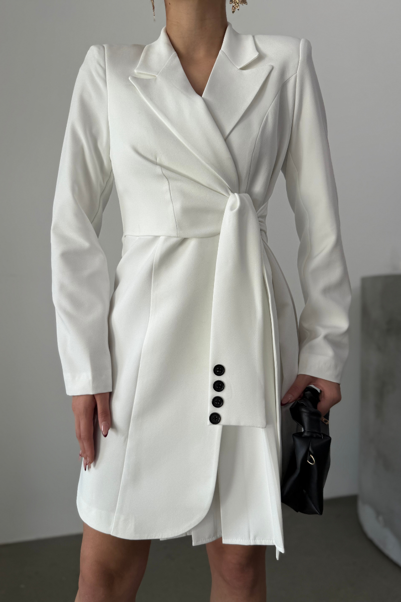 Kadın Elbise Mini Şık Uzun Kollu Kuşaklı Kruvaze Yaka Pileli Ceket Elbise