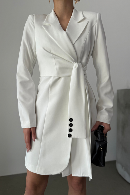 Kadın Elbise Mini Şık Uzun Kollu Kuşaklı Kruvaze Yaka Pileli Ceket Elbise