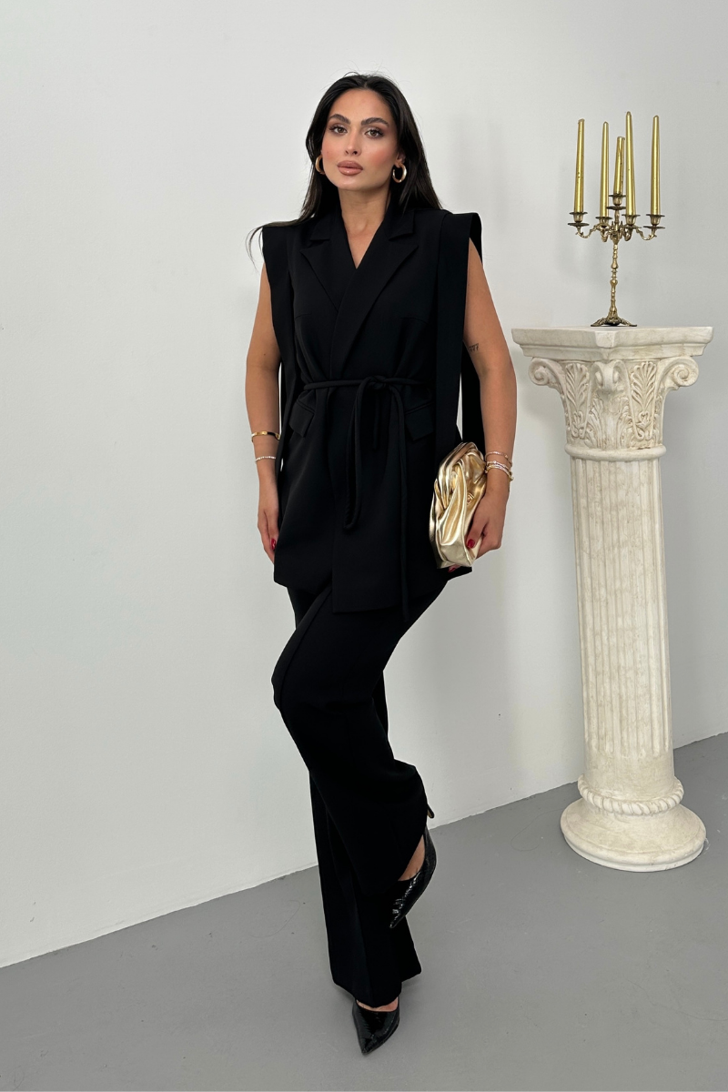 Kadın Alt Üst İkili Takım Omuz Detaylı Kuşaklı Yelek Pantolon Takım