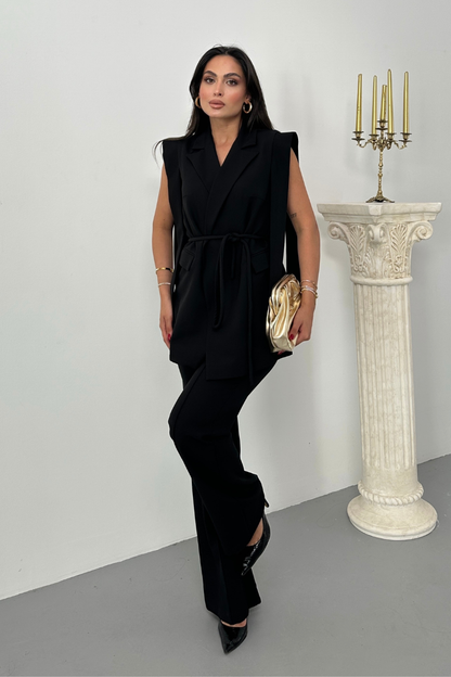 Kadın Alt Üst İkili Takım Omuz Detaylı Kuşaklı Yelek Pantolon Takım