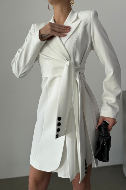 Kadın Elbise Mini Şık Uzun Kollu Kuşaklı Kruvaze Yaka Pileli Ceket Elbise