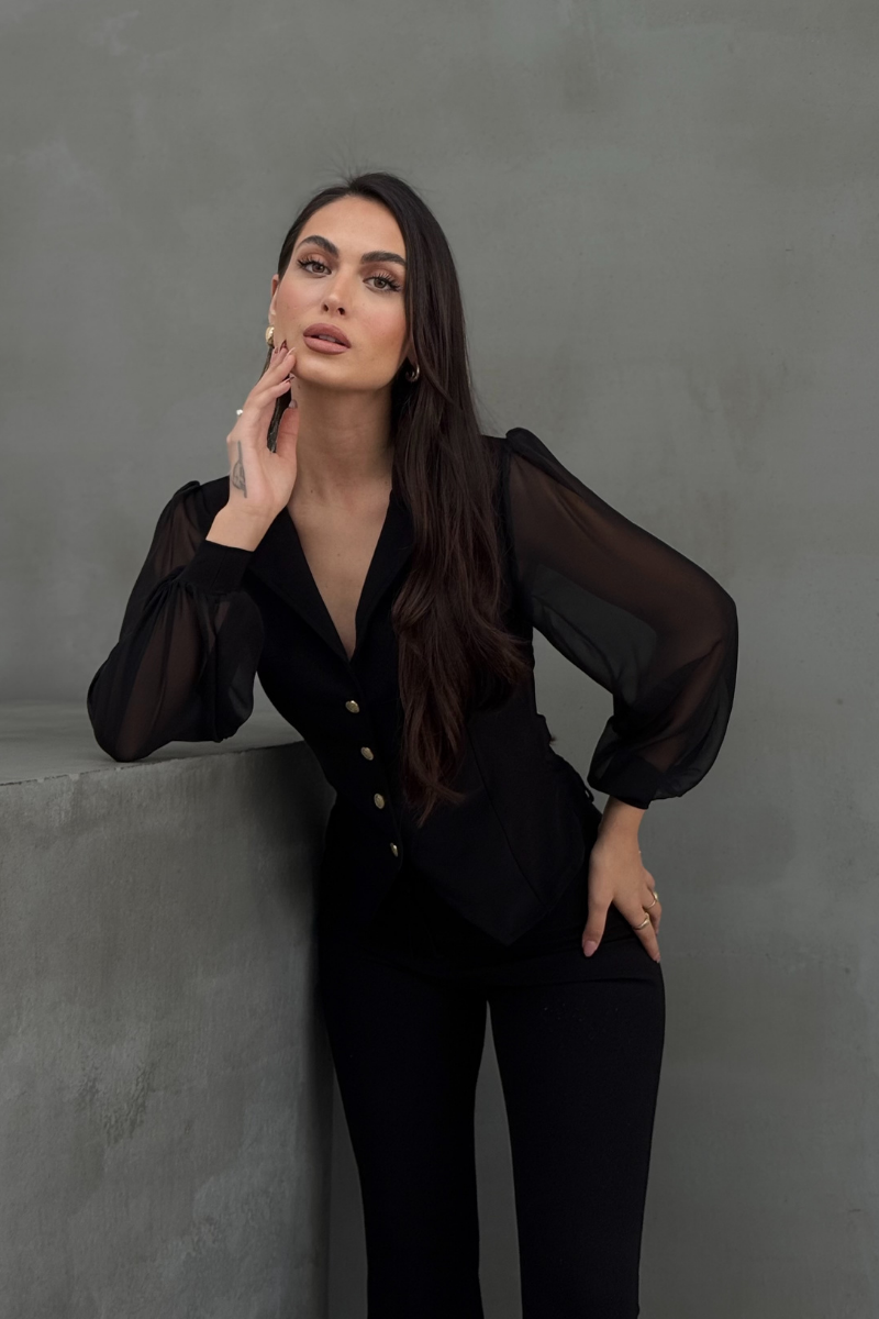 Kadın Gömlek Düğmeli Uzun Tül Kollu Ceket Yaka Bele Oturan Gömlek