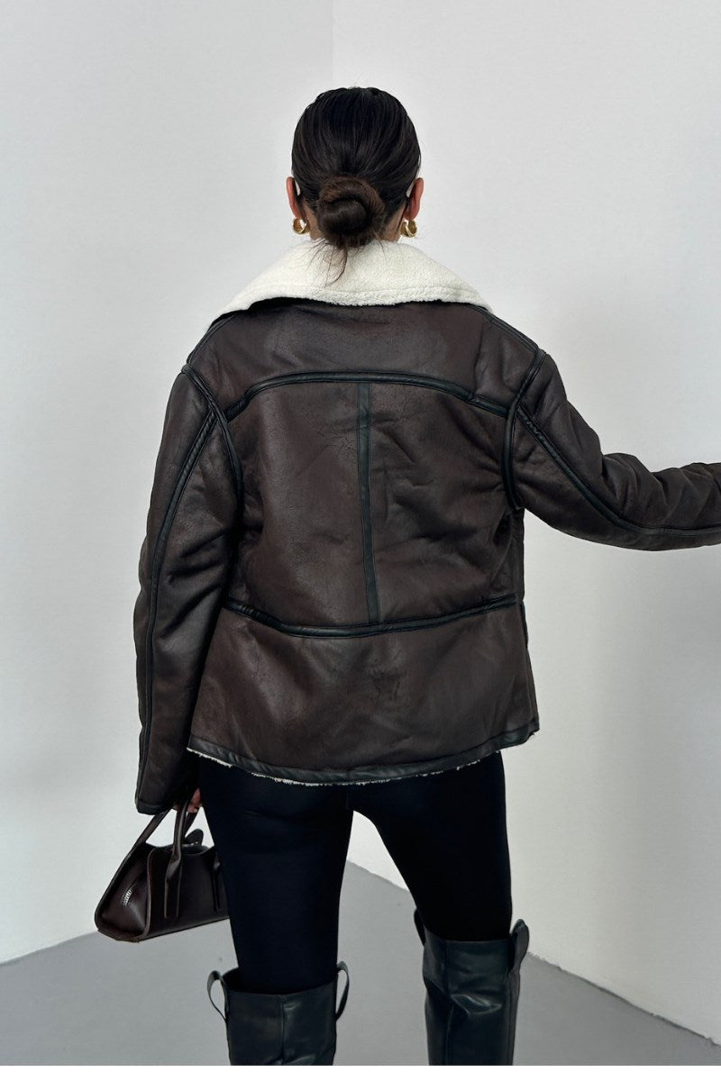 Kadın Mont İçi Kürklü Lamine Kruvaze Fermuarlı Cepli Oversize Ceket