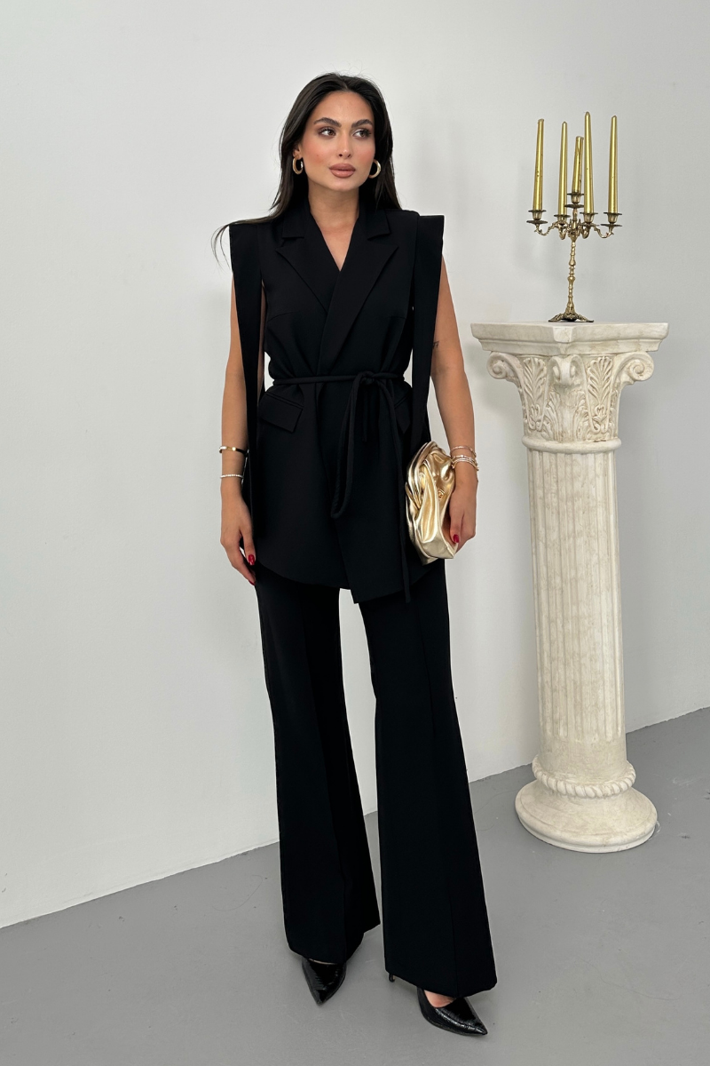 Kadın Alt Üst İkili Takım Omuz Detaylı Kuşaklı Yelek Pantolon Takım