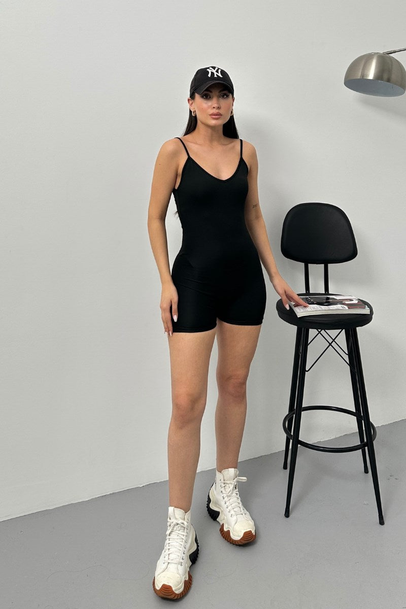 Kadın Siyah Mini Askılı Vücuda Oturan U Yaka Şortlu Tulum L Siyah