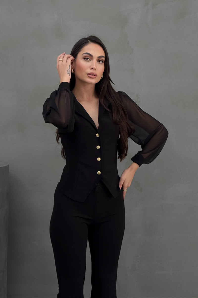 Kadın Gömlek Düğmeli Uzun Tül Kollu Ceket Yaka Bele Oturan Gömlek