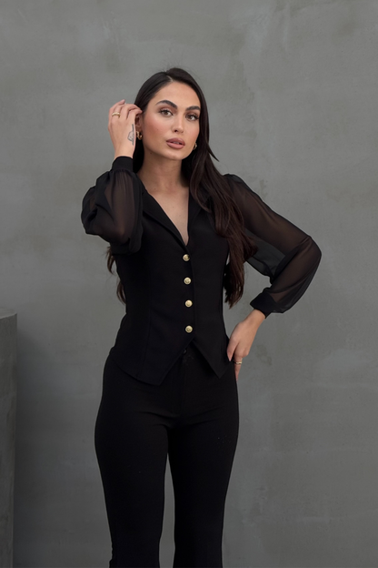 Kadın Gömlek Düğmeli Uzun Tül Kollu Ceket Yaka Bele Oturan Gömlek