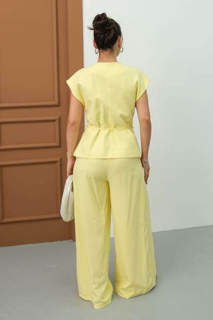 Kadın İkili Alt Üst Takım Bağcıklı Bol Kesim Dökümlü Yazlık Kısa Kollu Kimono Ceket Palazzo Pantolon