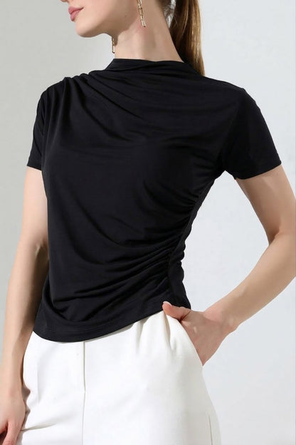 Kadın T-Shirt Kısa Kollu Drape Detaylı Yaka ve Beli Büzgülü Sandy Kumaş Likralı Bluz