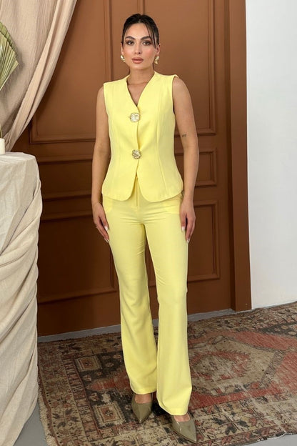 Kadın Alt Üst Takım Şık Düğme Detaylı Yelek Pantolon İkili Takım Sarı