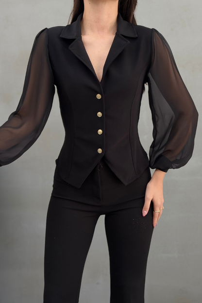 Kadın Gömlek Düğmeli Uzun Tül Kollu Ceket Yaka Bele Oturan Gömlek