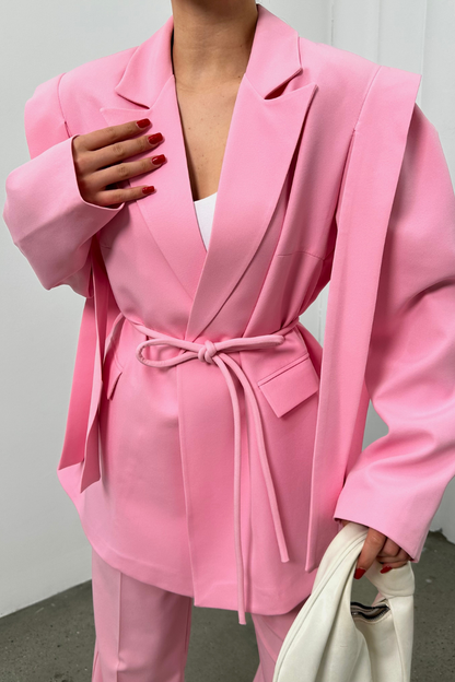 Kadın Oversize Blazer Ceket Kuşaklı Omuz Detaylı