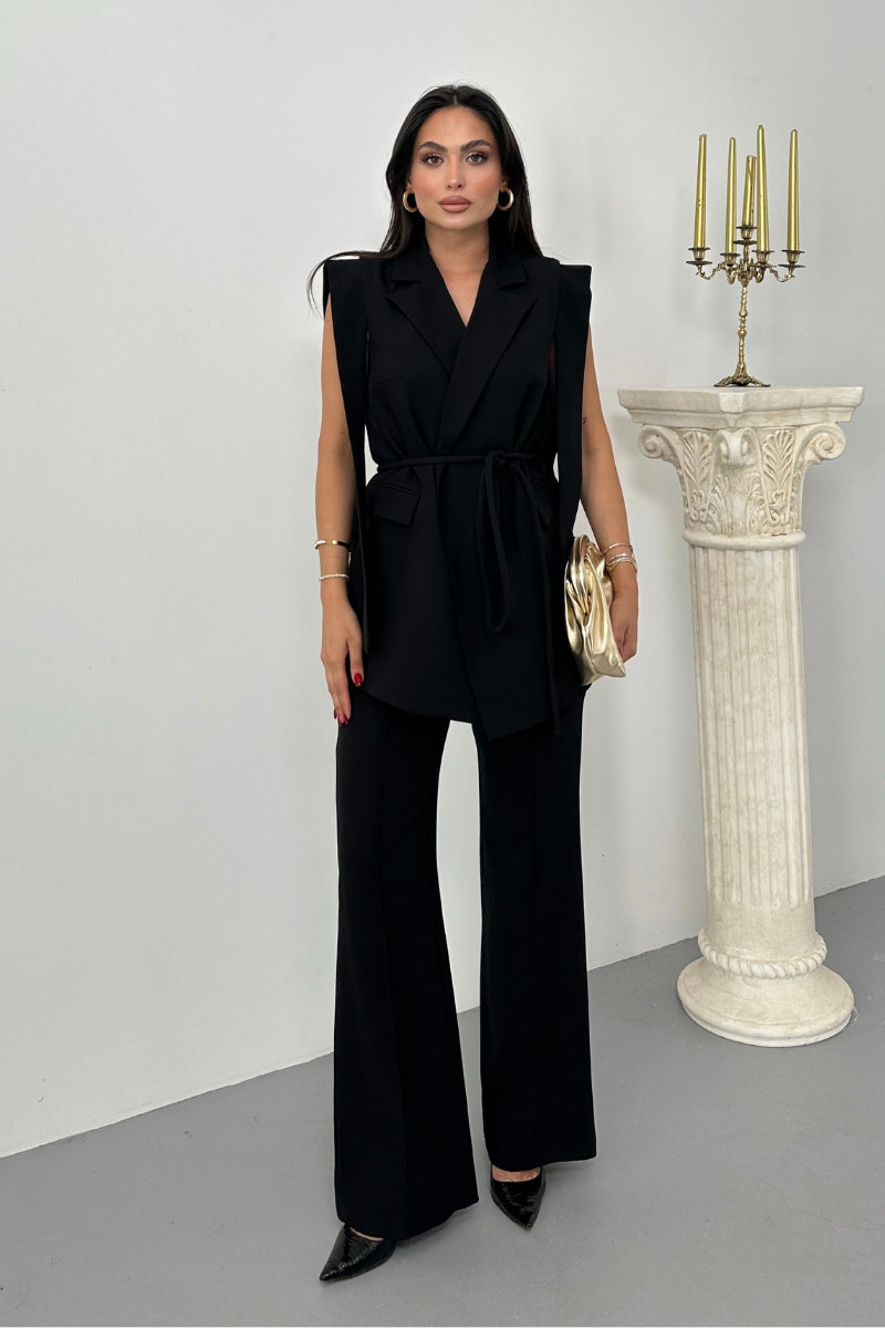 Kadın Alt Üst İkili Takım Omuz Detaylı Kuşaklı Yelek Pantolon Takım