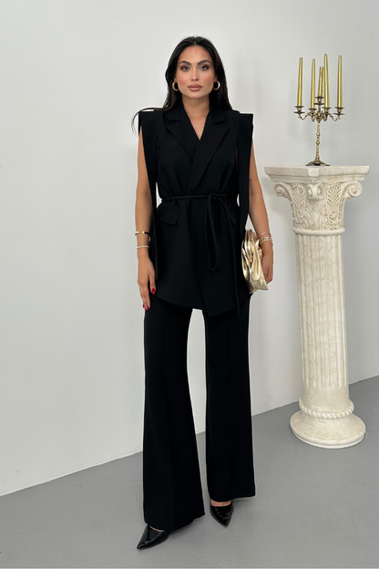 Kadın Alt Üst İkili Takım Omuz Detaylı Kuşaklı Yelek Pantolon Takım