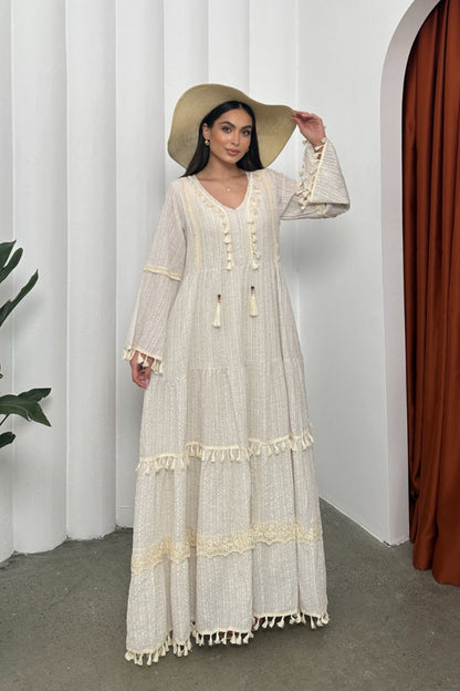 Kadın Elbise Uzun Şık Uzun Kollu Gofre V Yaka Püskül Detaylı Bol Kesim