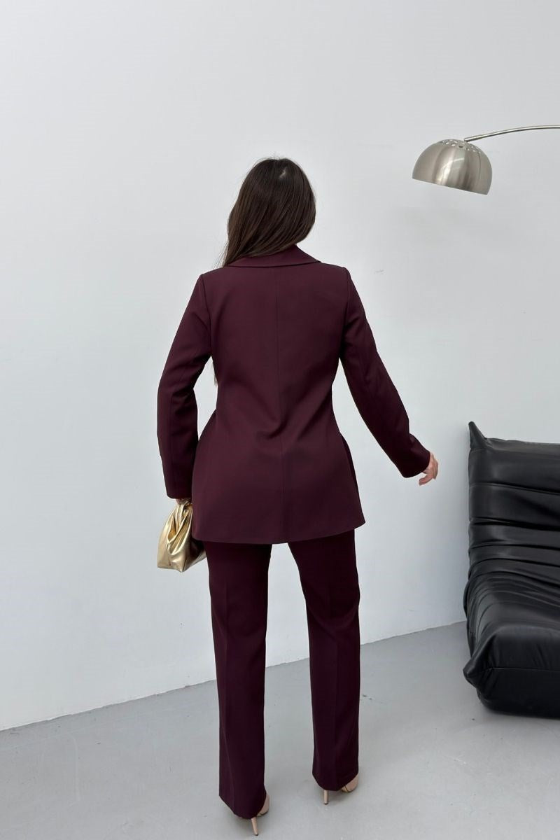 Kadın İkili Alt Üst Takım Şık Gold Tokalı Kuşaklı Blazer Ceket Bol Paça Pantolon Takım