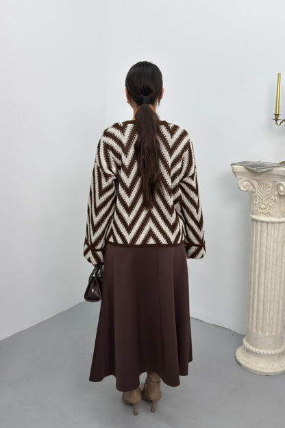 Kadın Kazak Örme Bisiklet Yaka Düşük Omuz Zikzak Desenli Kolu Katlama Detaylı Triko Kazak