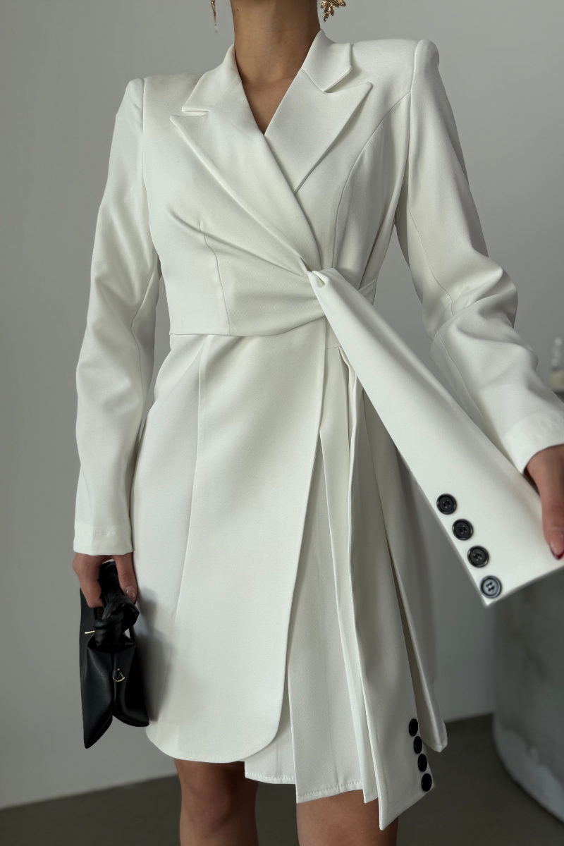 Kadın Elbise Mini Şık Uzun Kollu Kuşaklı Kruvaze Yaka Pileli Ceket Elbise