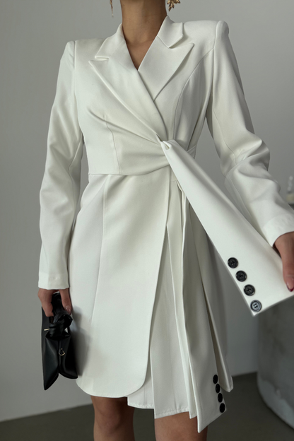 Kadın Elbise Mini Şık Uzun Kollu Kuşaklı Kruvaze Yaka Pileli Ceket Elbise