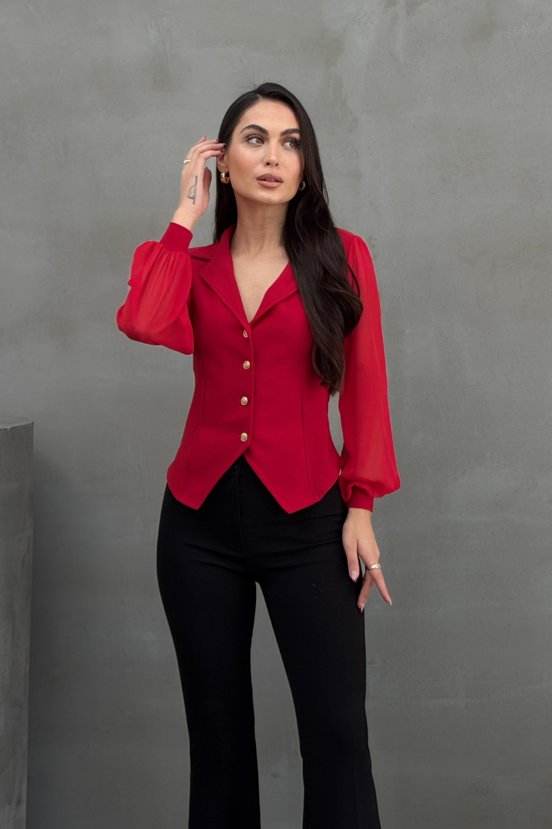 Kadın Gömlek Düğmeli Uzun Tül Kollu Ceket Yaka Bele Oturan Gömlek