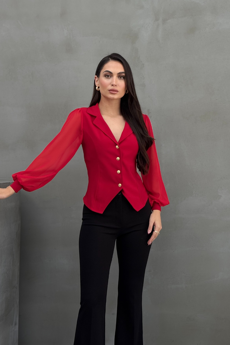 Kadın Gömlek Düğmeli Uzun Tül Kollu Ceket Yaka Bele Oturan Gömlek