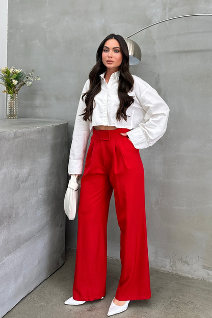 Kadın Palazzo Pantolon Beli Cırtlı Çift Cepli Bol Paça Pantolon