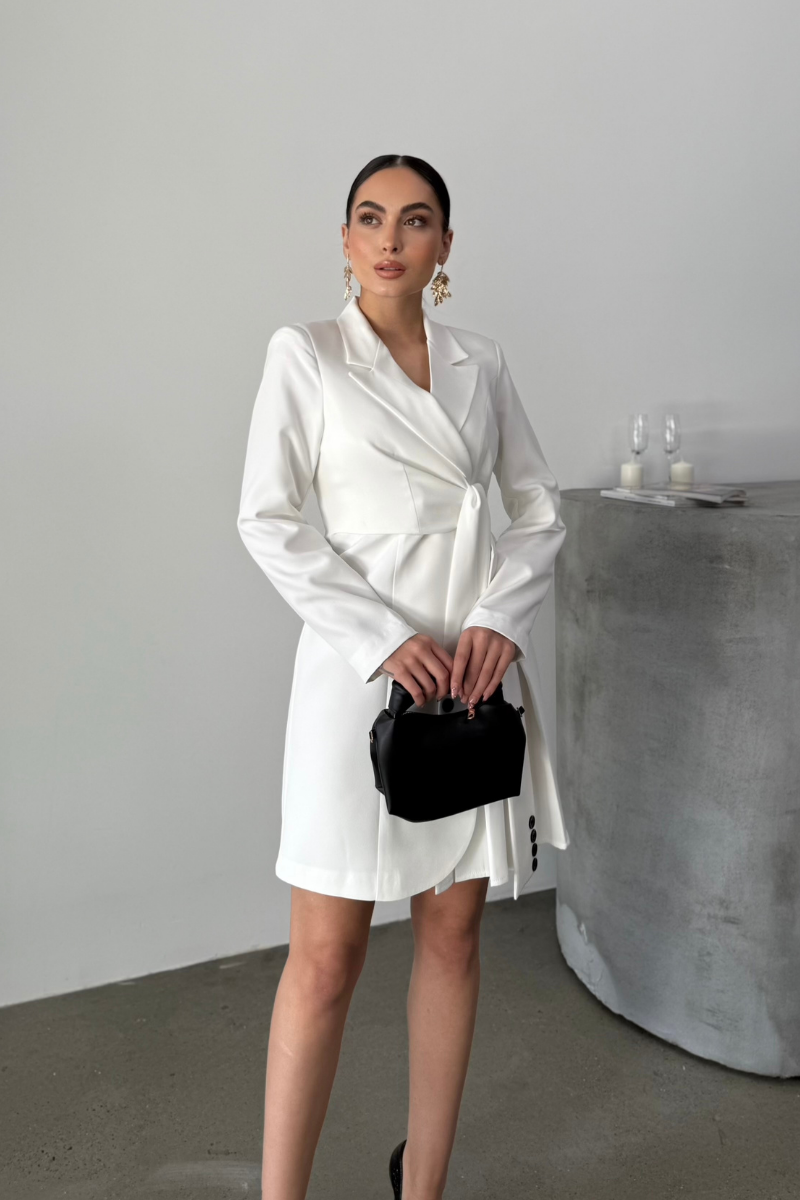 Kadın Elbise Mini Şık Uzun Kollu Kuşaklı Kruvaze Yaka Pileli Ceket Elbise