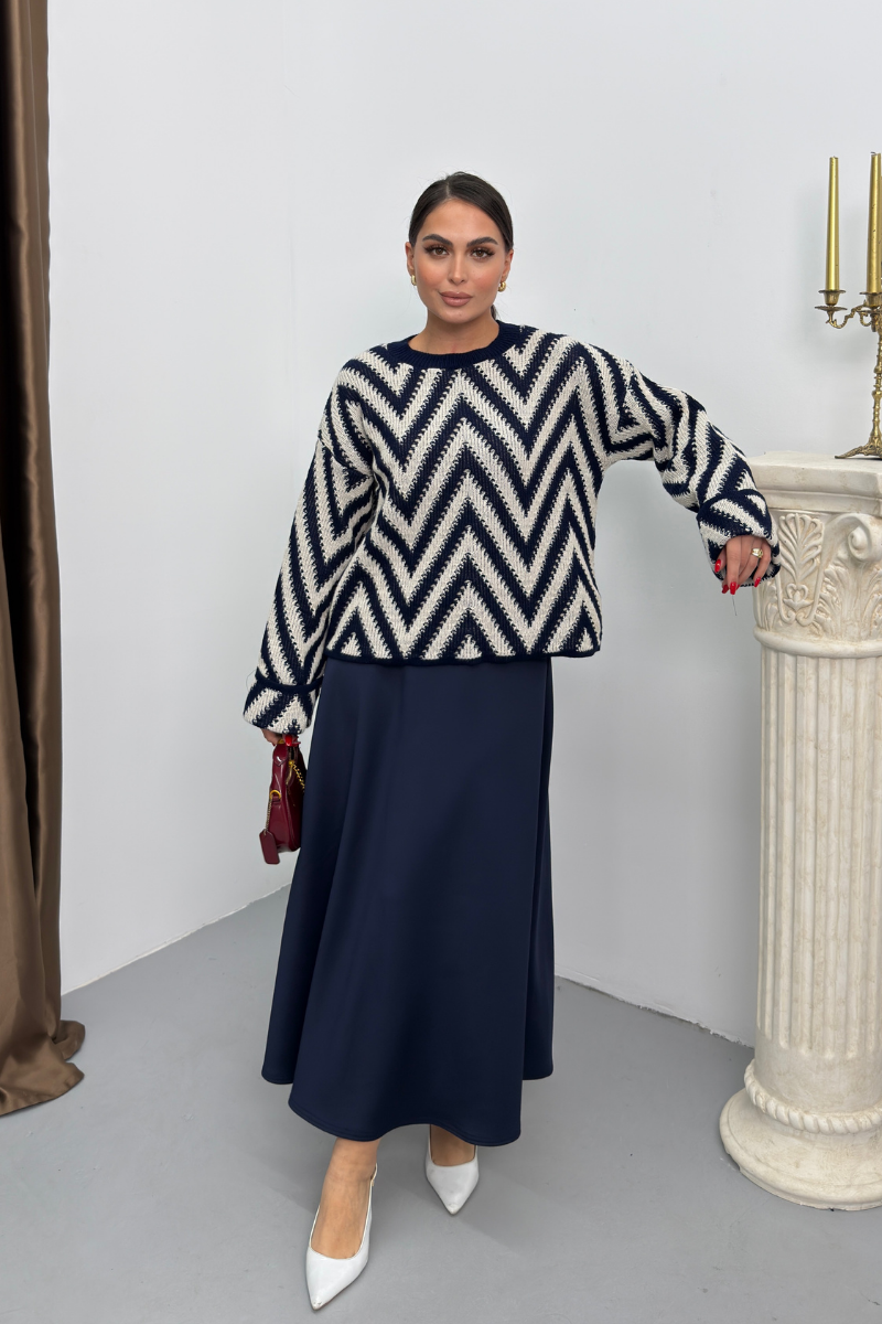 Kadın Kazak Örme Bisiklet Yaka Düşük Omuz Zikzak Desenli Kolu Katlama Detaylı Triko Kazak