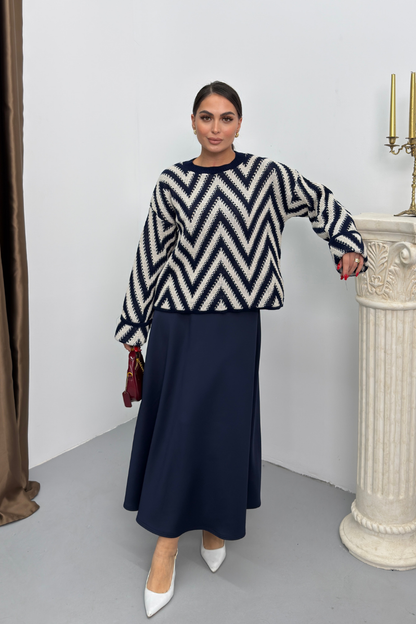 Kadın Kazak Örme Bisiklet Yaka Düşük Omuz Zikzak Desenli Kolu Katlama Detaylı Triko Kazak