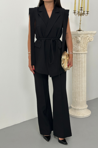 Kadın Alt Üst İkili Takım Omuz Detaylı Kuşaklı Yelek Pantolon Takım