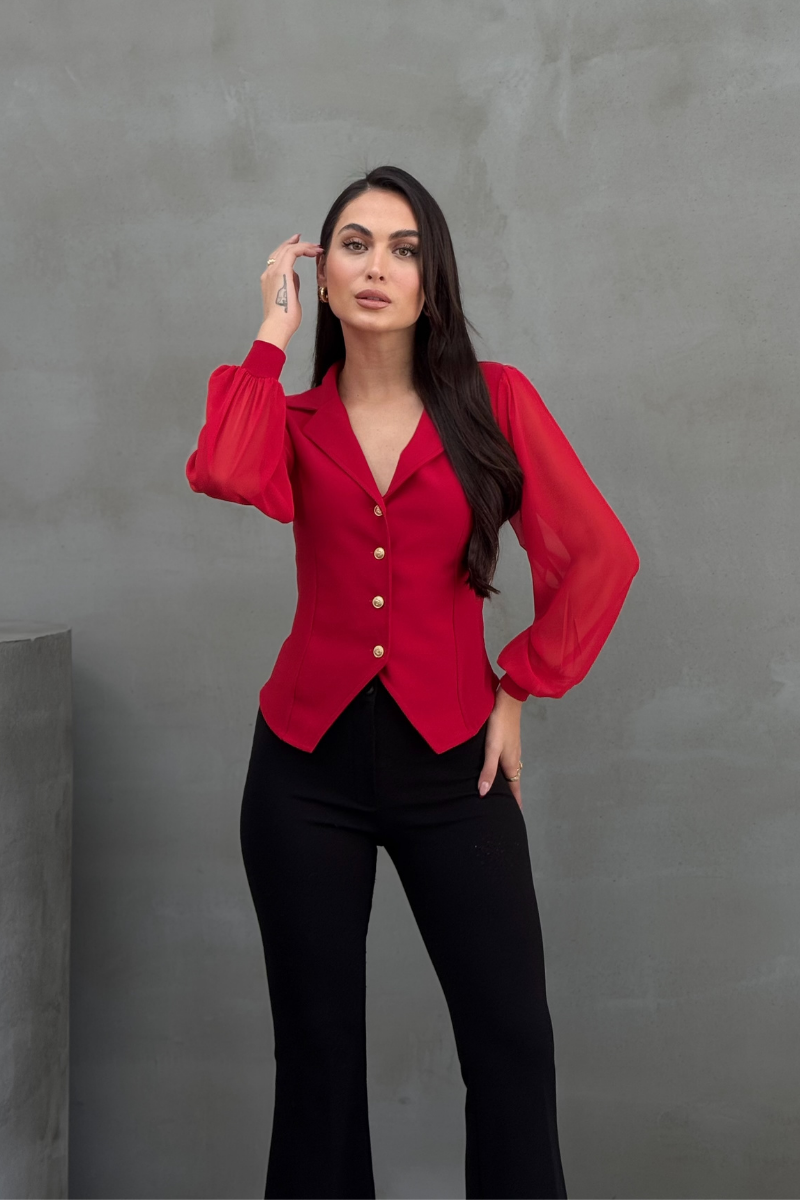 Kadın Gömlek Düğmeli Uzun Tül Kollu Ceket Yaka Bele Oturan Gömlek