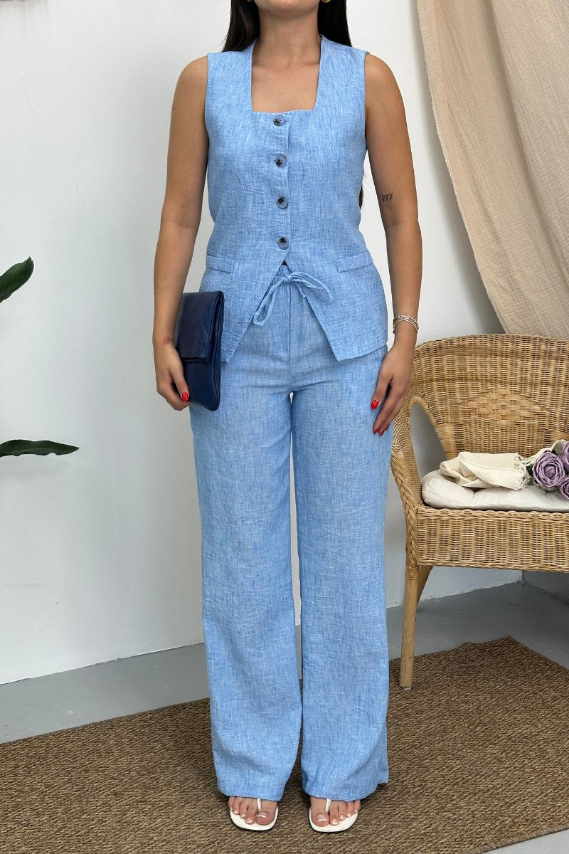 Kadın İkili Alt Üst Takım Keten Düğmeli Kare Yaka Beli Bağcıklı Regular Yelek Bol Pantolon Takım