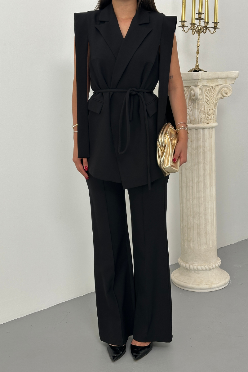 Kadın Alt Üst İkili Takım Omuz Detaylı Kuşaklı Yelek Pantolon Takım