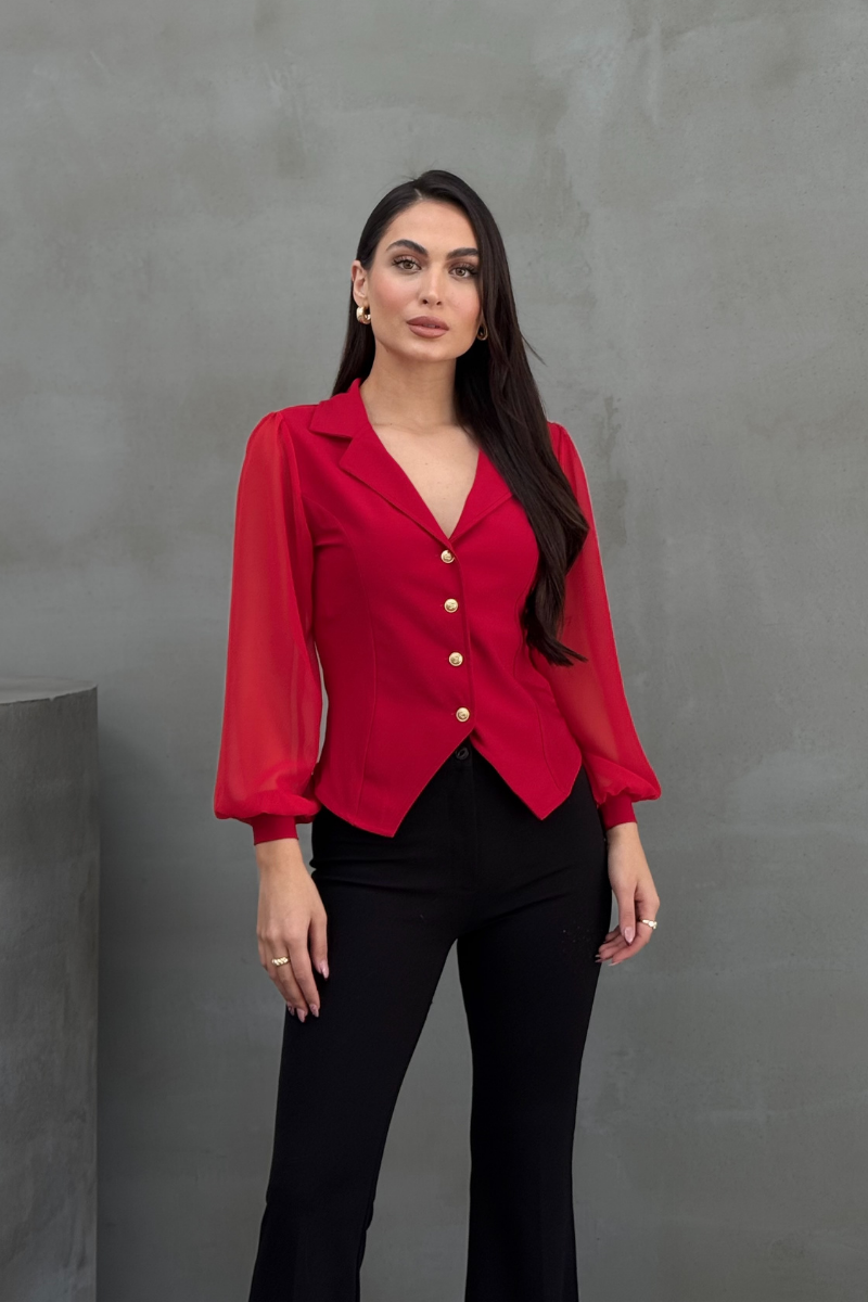 Kadın Gömlek Düğmeli Uzun Tül Kollu Ceket Yaka Bele Oturan Gömlek