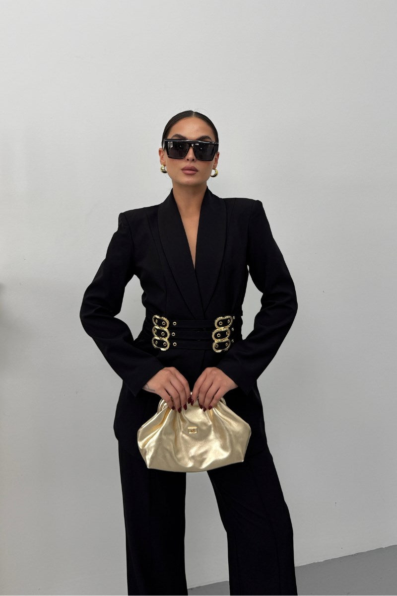 Kadın Blazer Ceket Şık Kruvaze Yaka Vatkalı Gold Kemer Detaylı Ceket